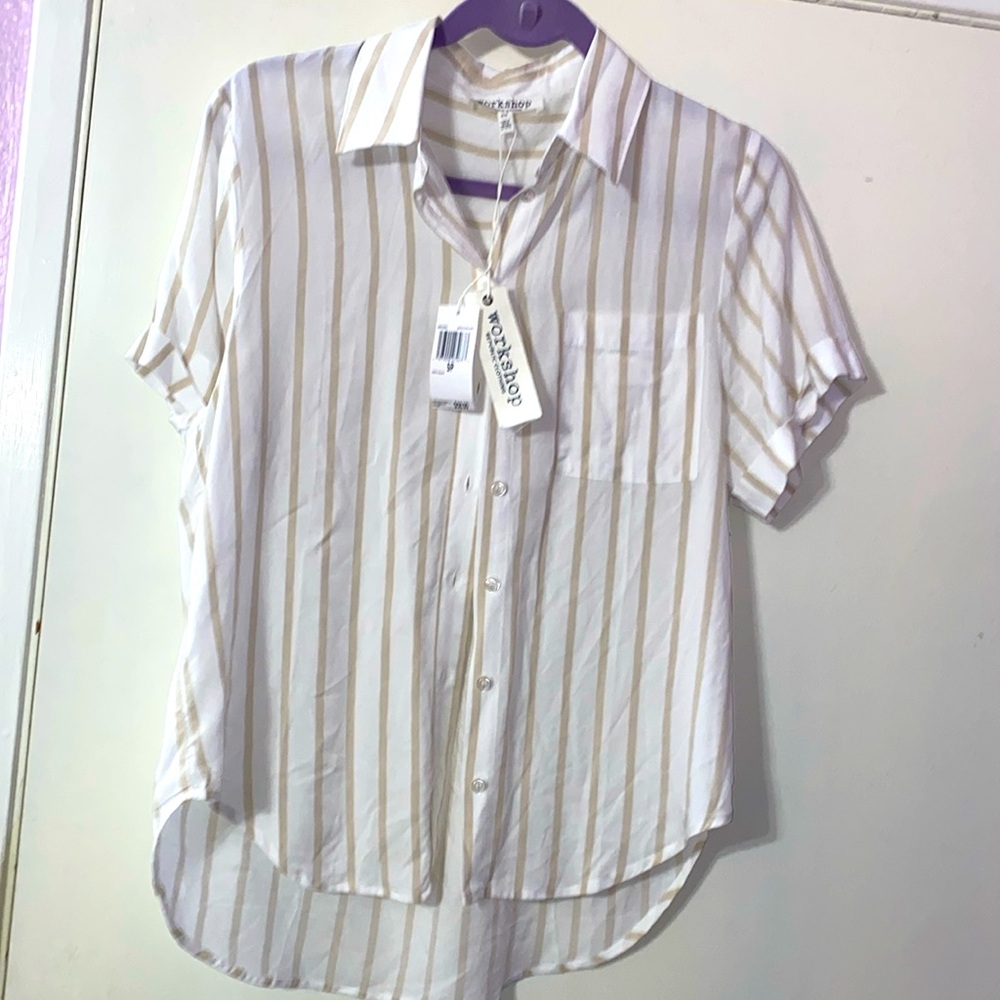 white/khaki striped button down shirt